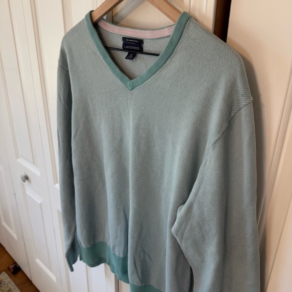 Lands’ End Men’s Green & White V Neck Long Sleeve Sweater 100% Cotton Size XL - Picture 2 of 12